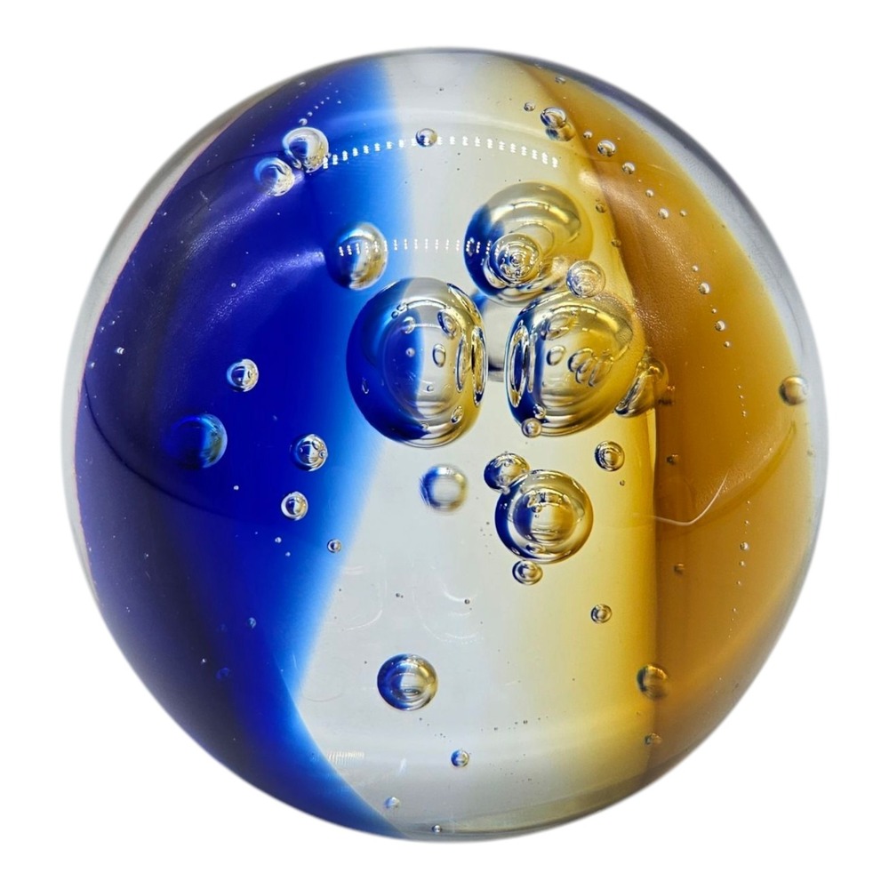 VTG Murano GALAXY D' ARTE Glass Paperweight Blue & Amber Bubble Sphere 4"